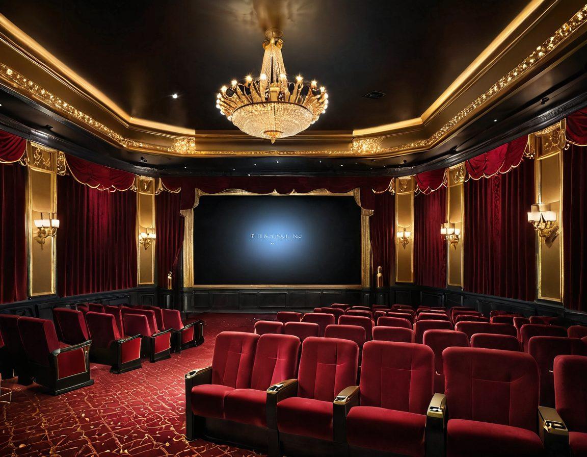 A glamorous movie theater with luxurious velvet seats and golden accents, illustrating a diverse audience immersed in emotional scenes from captivating films. The backdrop features a shimmering marquee displaying the latest blockbuster titles, while elegant chandeliers cast soft lighting on the viewers. The atmosphere should convey a blend of opulence and deep emotional engagement. super-realistic. vibrant colors. 3D.