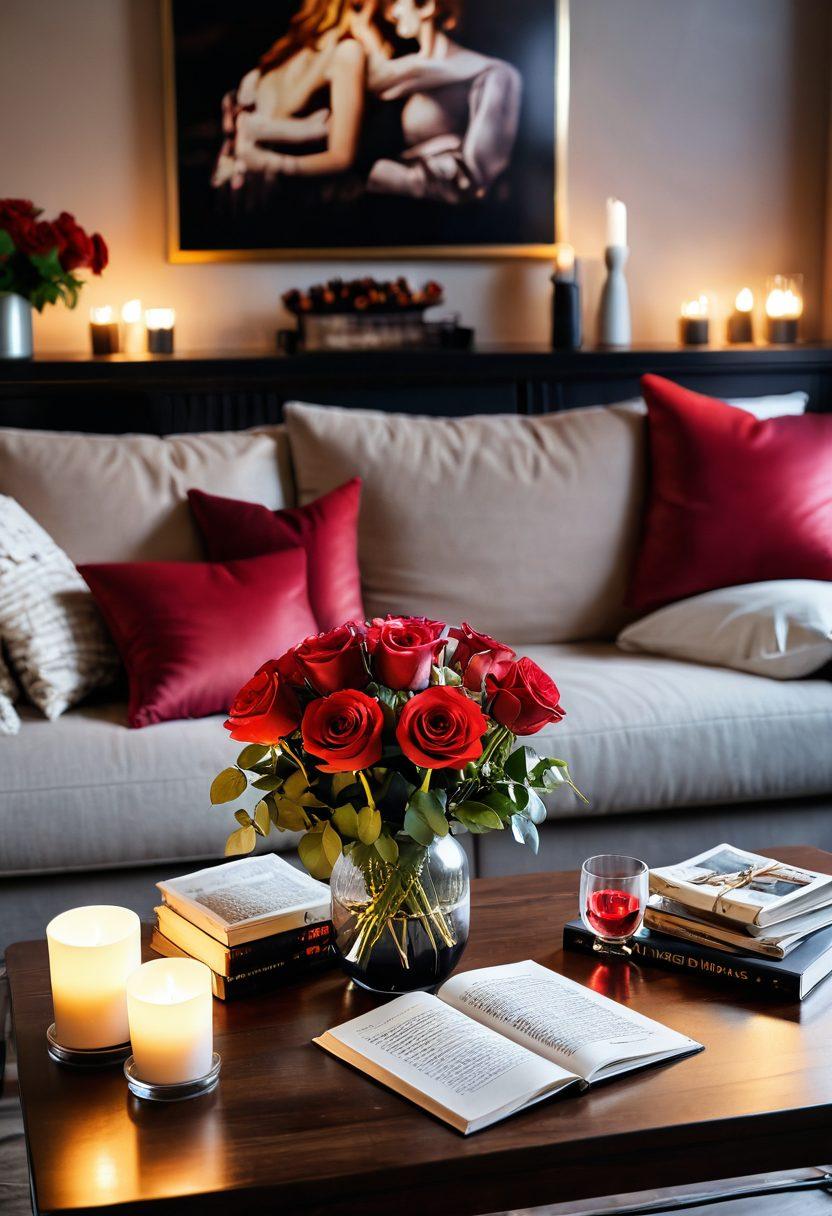 A cozy, elegantly decorated living room with a plush sofa and a soft, flickering fireplace, surrounded by frames of romantic movie posters. A glass of red wine rests on a wooden coffee table next to an open book of love stories. The ambiance exudes warmth and intimacy, with dimmed lights casting a soft glow. Soft heart-shaped cushions and a bouquet of roses add a touch of romance. super-realistic. warm color palette. cozy atmosphere.