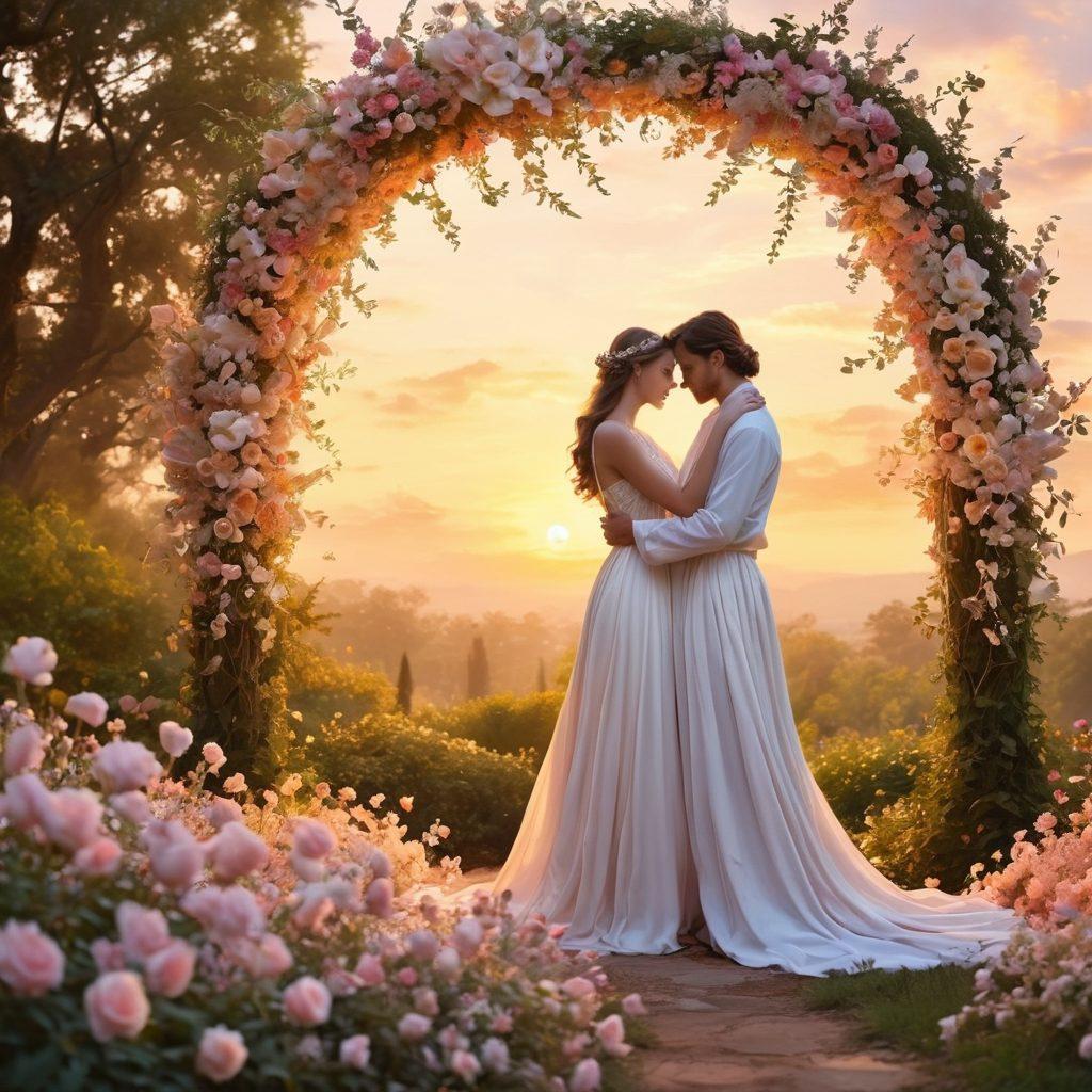 An enchanting scene depicting two ethereal figures intertwined in a garden of blooming flowers, symbolizing divine love. Soft, golden light bathes the area in a warm glow, creating an atmosphere of serenity and romance. Elements like hearts and doves are subtly integrated into the floral arrangement to enhance the theme of love stories. A backdrop of a whimsical, pastel-colored sky adds to the elegance of the moment. super-realistic. vibrant colors. dreamy atmosphere.